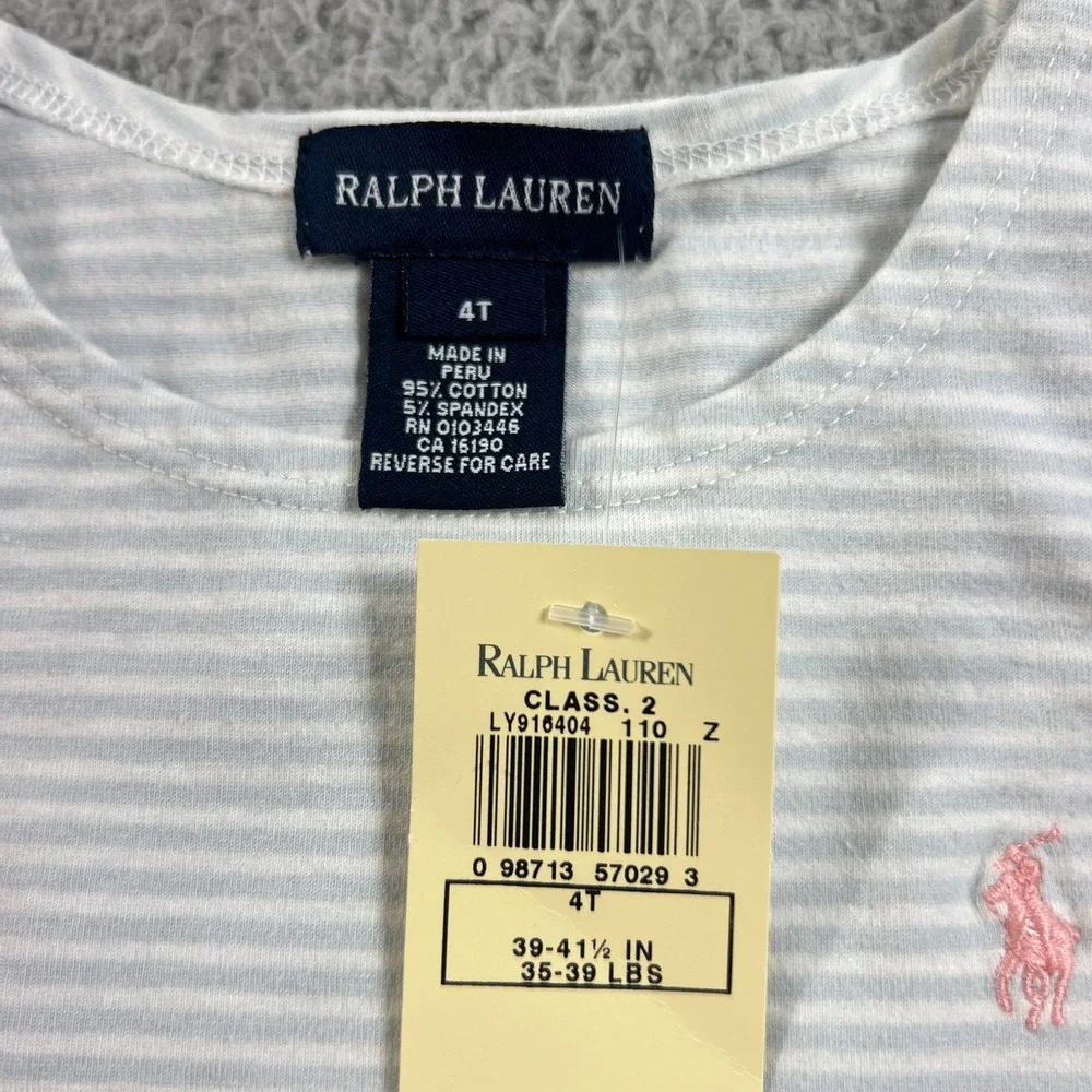 Ralph Lauren Striped T-Shirt Girls 4T Light Blue White Lettuce Trim‎ Logo Tee